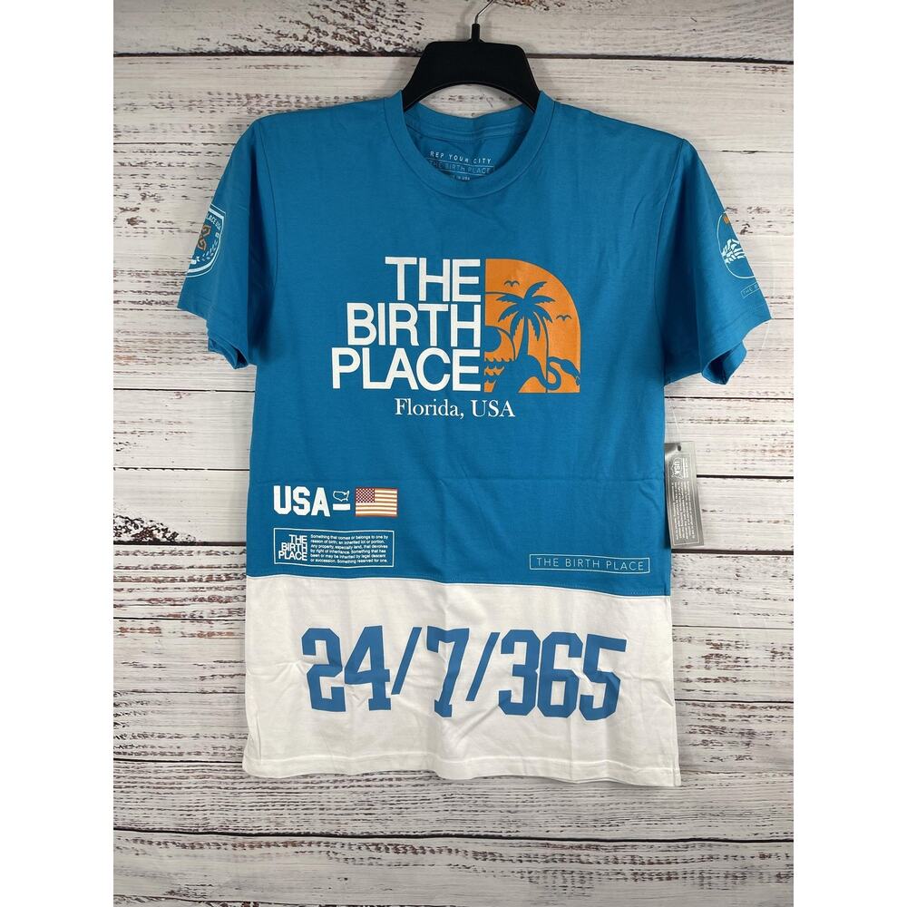 The Birth Place Shirt Men's Size M Blue White Florida USA 24/7/365 Graphic Tee